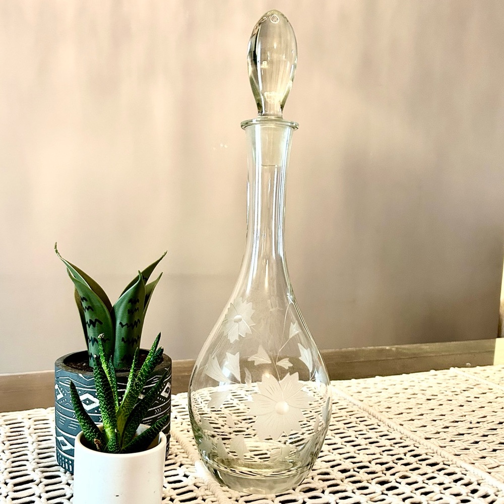 Etched Glass Genie Bottle Decanter VINTAGE